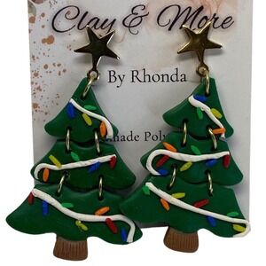 Clay & More Handmade Polymer Clay Christmas Tree Earrings Star Lights